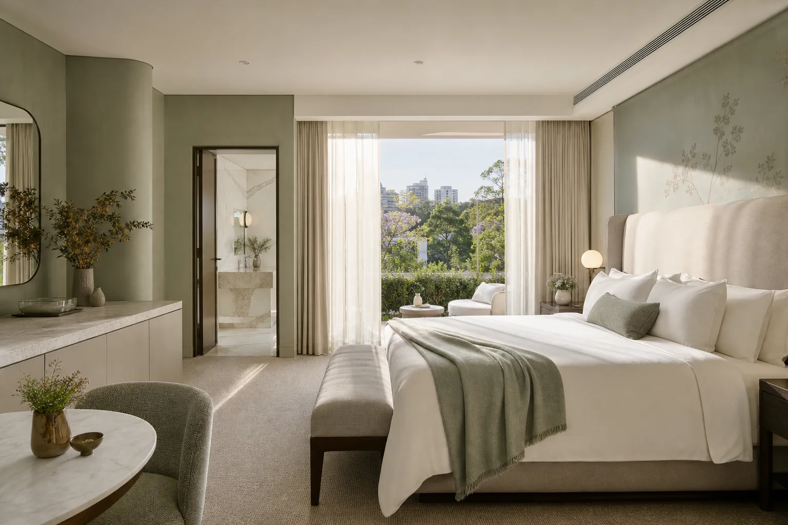 Elegant deluxe room with ivory and gold bedding