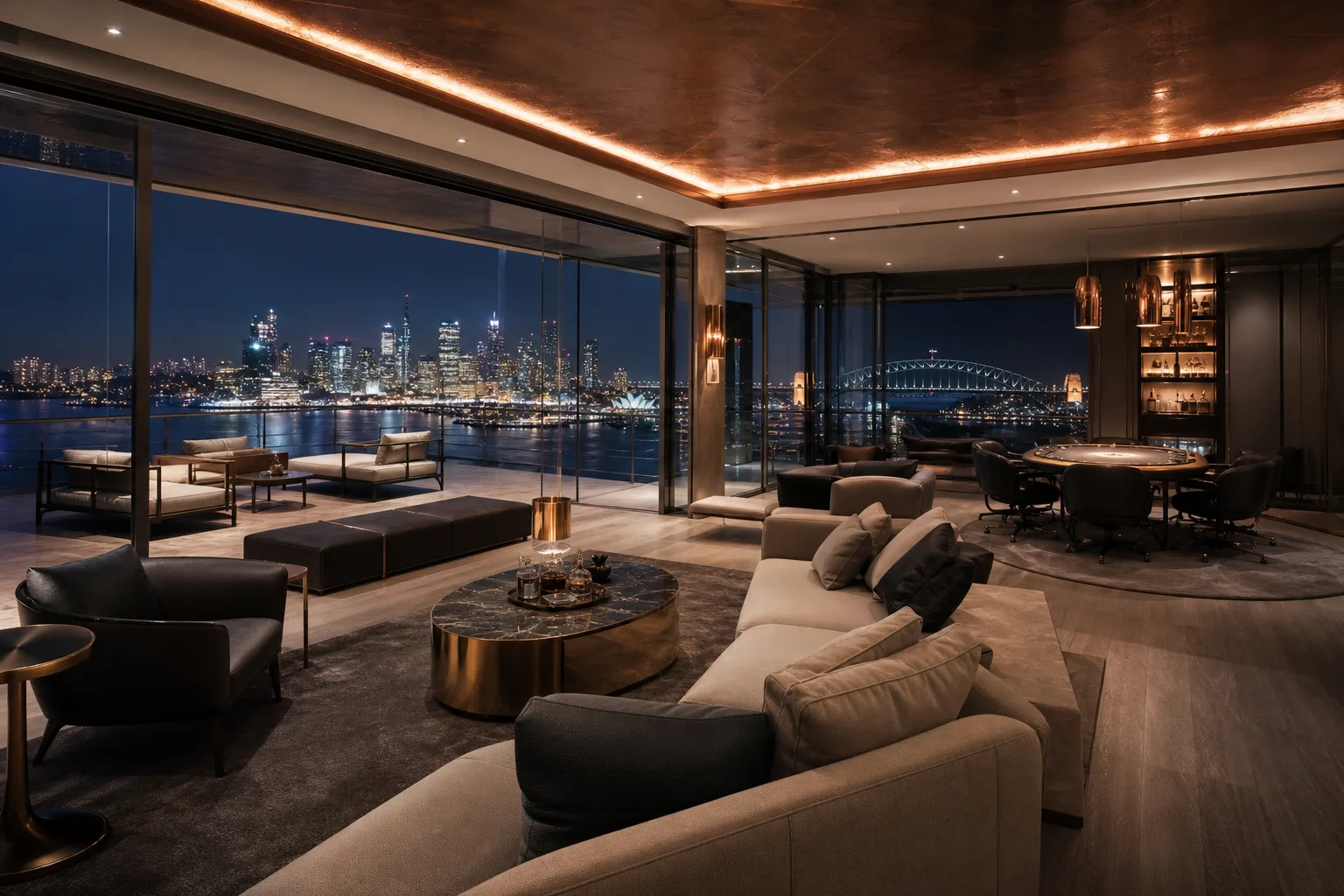 Penthouse living room overlooking the city at night